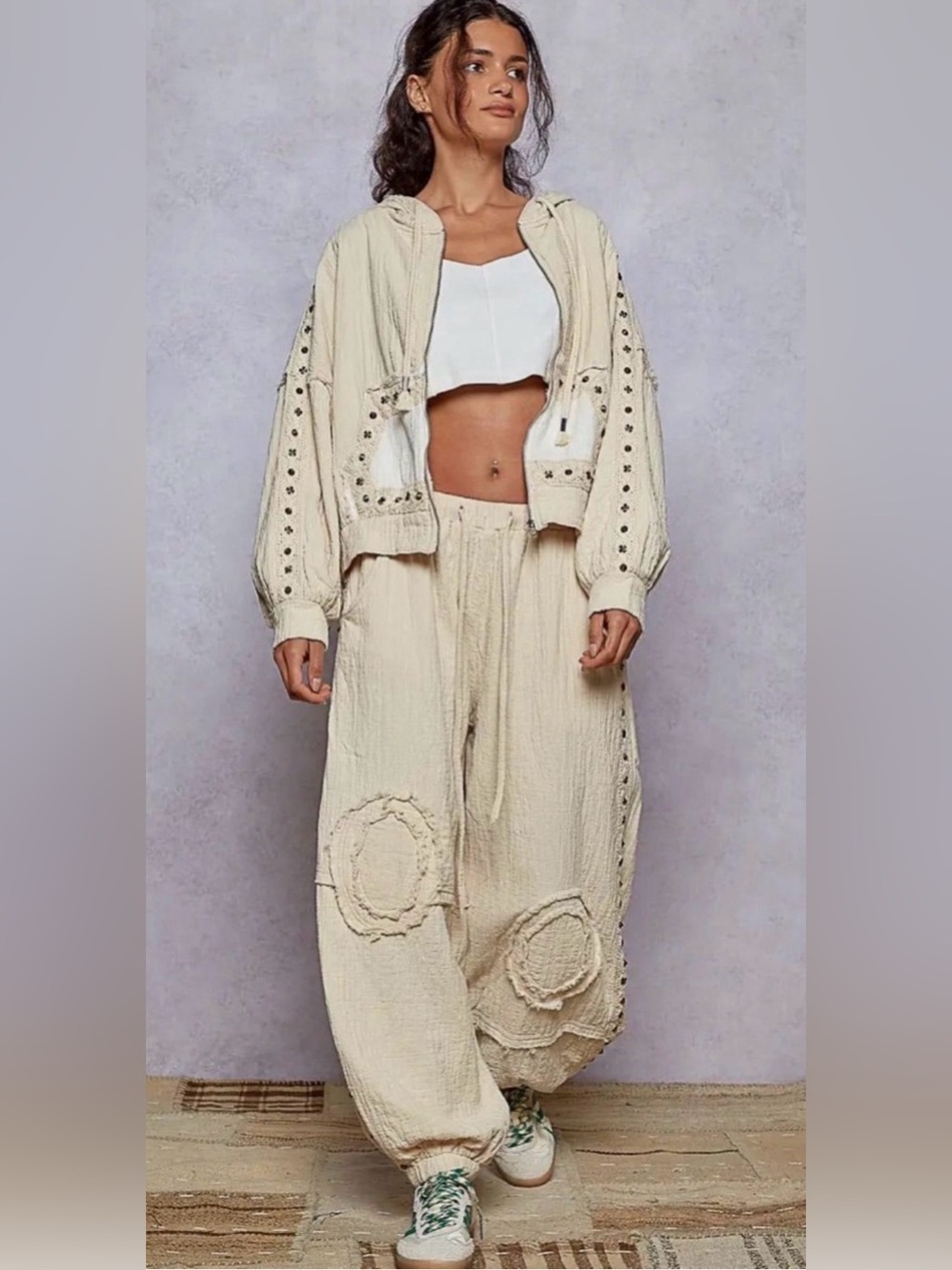 POL STUDDED CREAM ZIP UP SWEATSHIRT ONLY